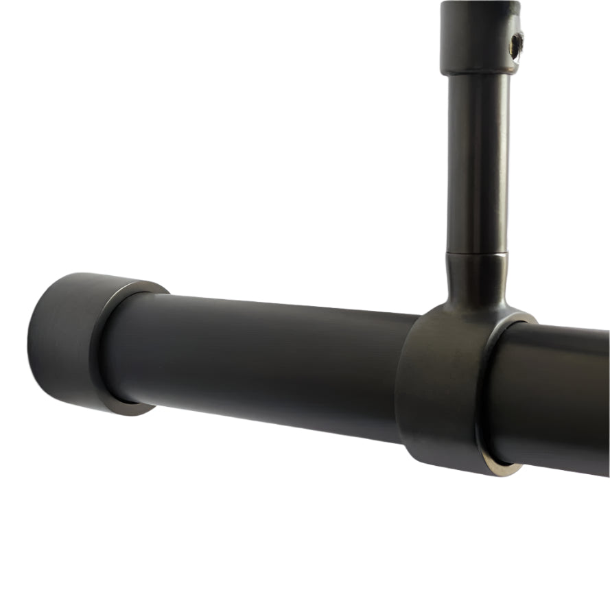 Close-up of a dark bronze antique finished tube with bracket and concealed fix end socket on a white background