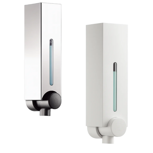 White and silver shower head and control panel on a white background