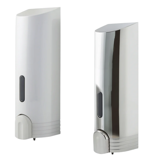 Two soap dispensers, one white and one silver, on a white background