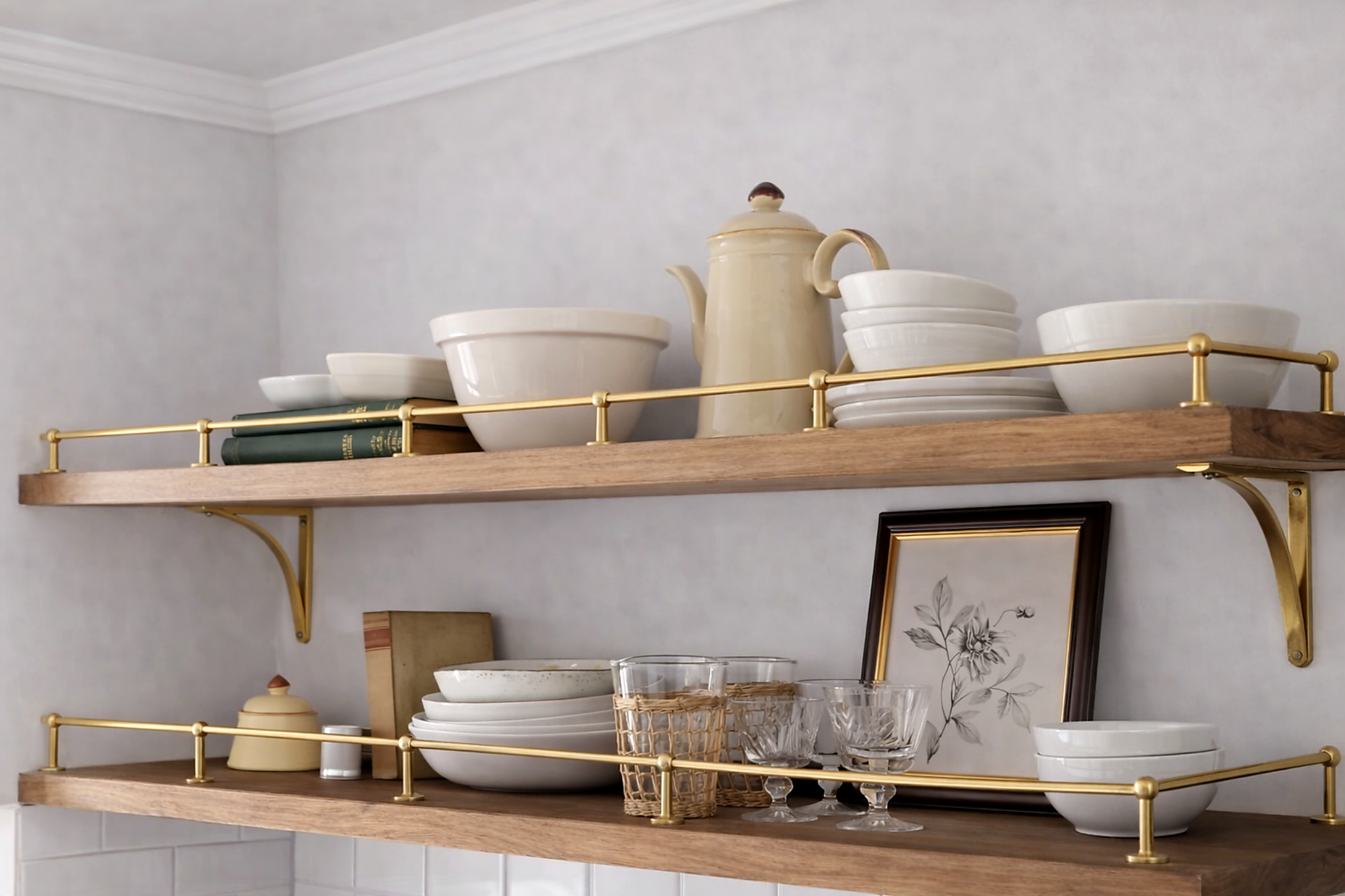 Wooden shelves with gold brackets holding various kitchen items against a light gray wall.