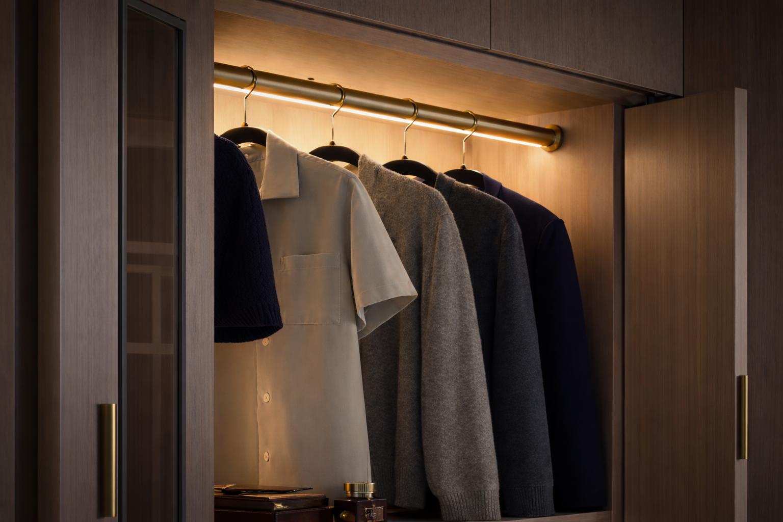 Closet with hanging clothes illuminated by a light bar